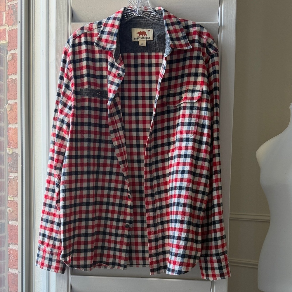 Men's Red, White & Black Plaid Casual Button-Down Shirt